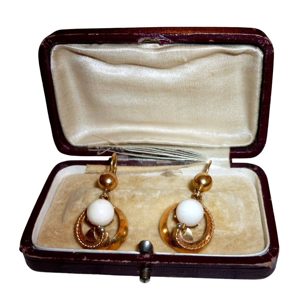 Antique 18K Yellow Gold 750 White Coral Pearl Drop Earrings Box Leverback 5.85g